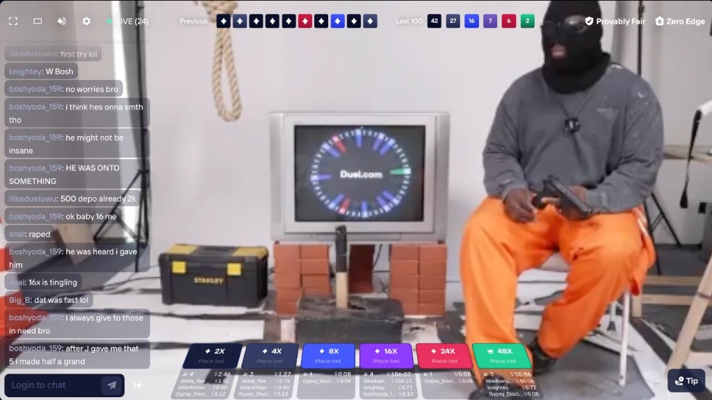 Castle Roulette live stream: a masked host in an orange jumpsuit, a spinning Duel.com wheel on a CRT screen and multiplier bets up to 48X