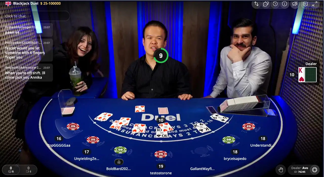 Duel Live Blackjack stream: a live dealer table with a chaotic crowd and active chat