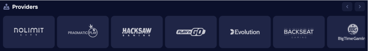 Провайдеры слотов в Duel Casino: Nolimit City, Pragmatic Play, Hacksaw Gaming, Play'n GO, Evolution, Backseat Gaming и Big Time Gaming